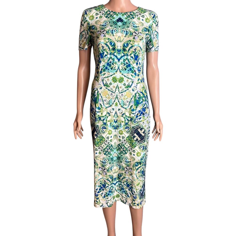 London Times Blue-Green Mosaic Print Midi Dress 10 Bodycon Stretch Retro Hippie